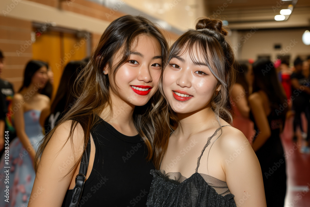 Two women are smiling for the camera in a room with other people Two women are smiling for the camera in a room with other people