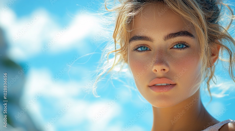 Beautiful Portrait with Natural Lighting and Blue Background Beautiful Portrait with Natural Lighting and Blue Background