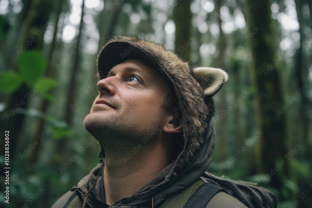 Man exploring forest in animal hood hat, immersed in nature's serenity Man exploring forest in animal hood hat, immersed in nature's serenity