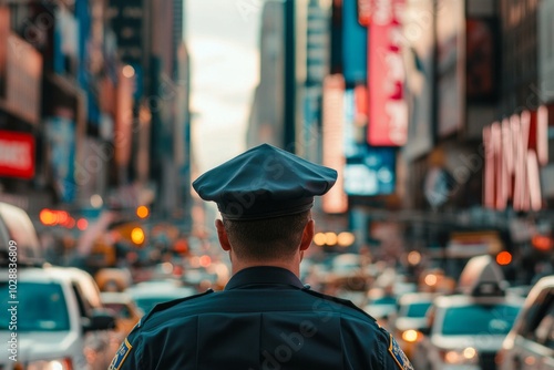 Police officer on duty in urban traffic in busy city center at sunset