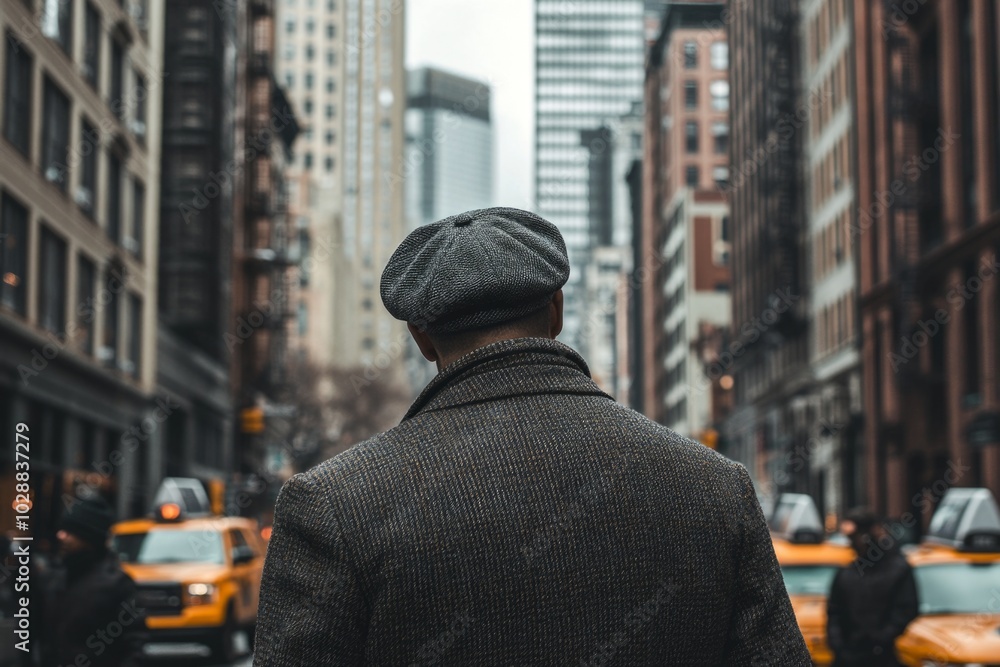 Man in tweed coat and cap stands in bustling city street with yellow taxis Man in tweed coat and cap stands in bustling city street with yellow taxis