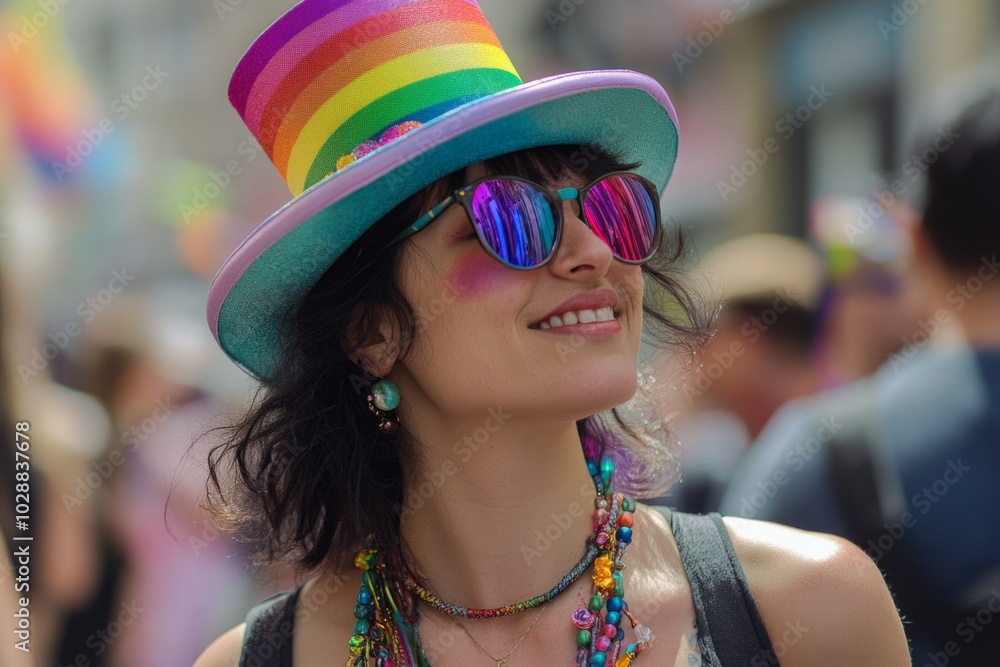 Vibrant rainbow hat and sunglasses at pride parade celebration Vibrant rainbow hat and sunglasses at pride parade celebration