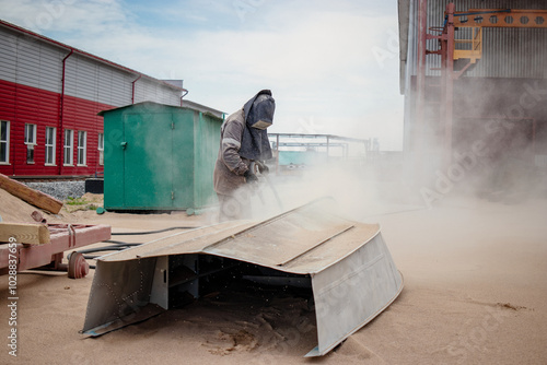 Bilde på lerret Worker sandblasting a metal structure to eliminate rust at an industrial plant d