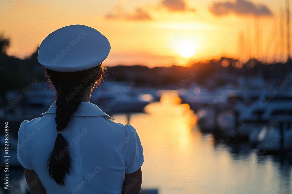 Fototapeta premium Sailor watching vibrant sunset over tranquil marina