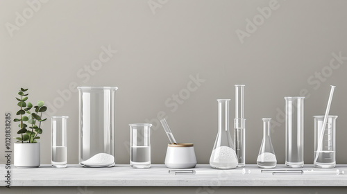 modern chemistry lab setup featuring various glassware, including beakers, flasks, and plant, creates serene and organized atmosphere for scientific exploration