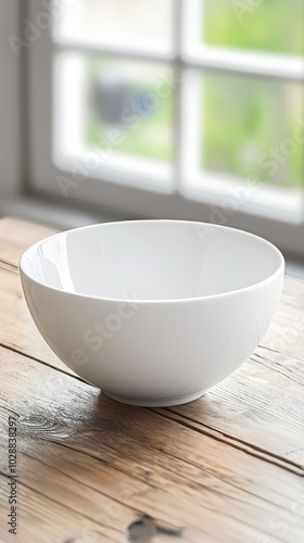 A minimalist white bowl sits on a rustic wooden table beside a window, creating a serene and simple aesthetic.