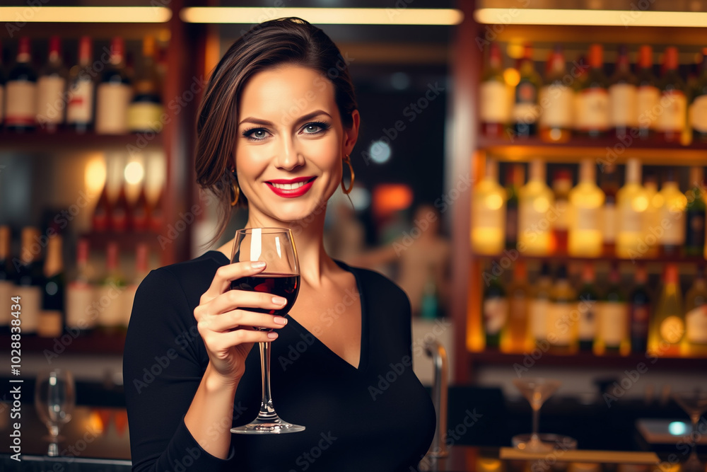 Elegant Woman Enjoying Wine at a Sophisticated Bar.generative AI Elegant Woman Enjoying Wine at a Sophisticated Bar.generative AI