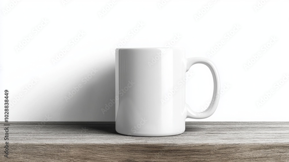 A plain white mug is positioned on a rustic wooden surface against a simple white background. A plain white mug is positioned on a rustic wooden surface against a simple white background.