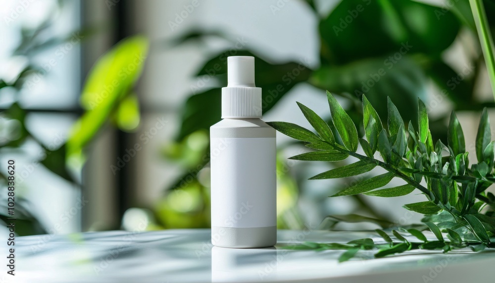 A minimalistic white spray bottle surrounded by lush green plants on a reflective surface, suggesting freshness and natural beauty.