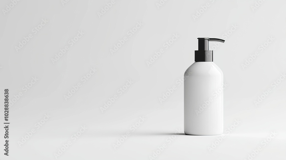 A minimalistic white bottle with a black pump sits on a neutral background, ideal for showcasing skincare or beauty products. A minimalistic white bottle with a black pump sits on a neutral background, ideal for showcasing skincare or beauty products.