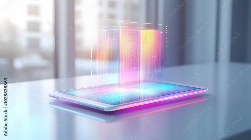 3D Tablet with Floating Holographic Calendar and Notifications in Modern Office - Minimalist Setting with Soft Shadows and Dynamic Copy Space 3D Tablet with Floating Holographic Calendar and Notifications in Modern Office - Minimalist Setting with Soft Shadows and Dynamic Copy Space
