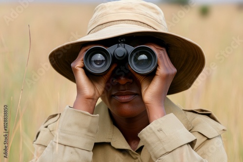 Wildlife conservationist observing with binoculars in the savannah