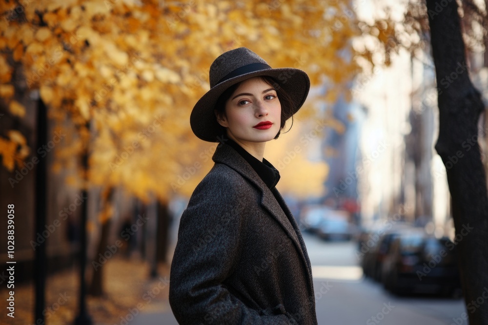 Elegant woman in gray coat and fedora walking through autumn cityscape Elegant woman in gray coat and fedora walking through autumn cityscape