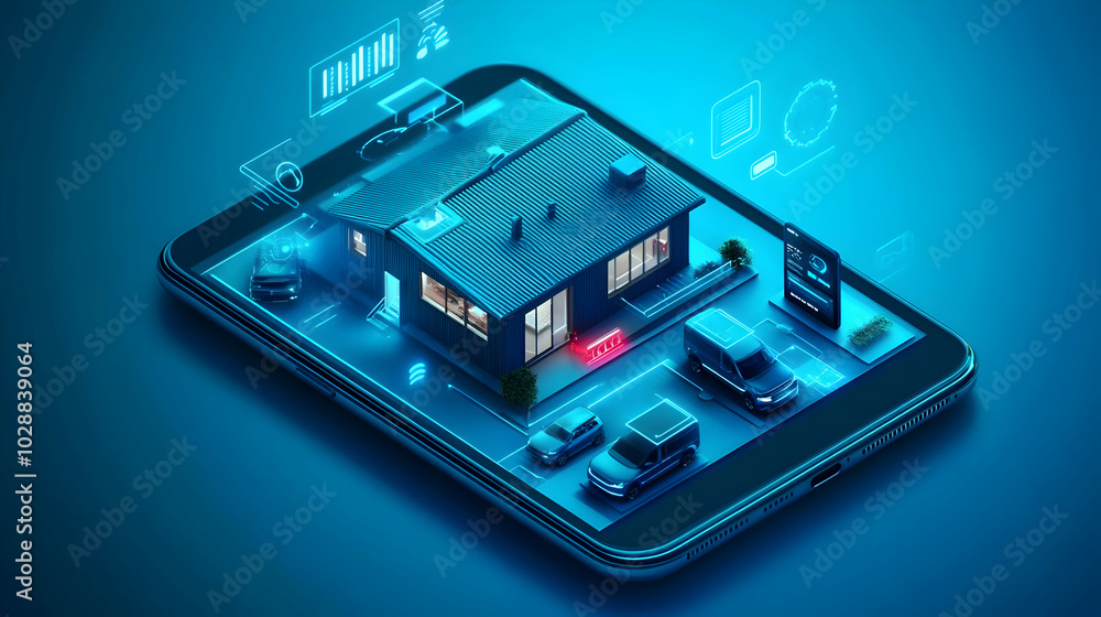 Digital representation of a smart home on a smartphone interface. Digital representation of a smart home on a smartphone interface.