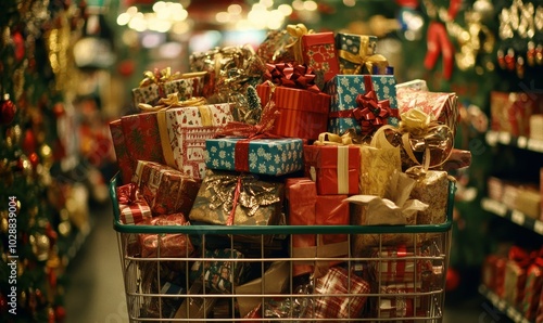 Christmas gifts in a shopping cart.