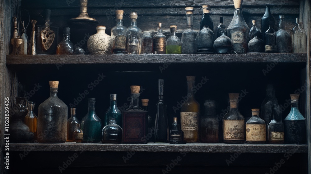 An empty scene featuring a collection of old, weathered spell bottles and potions on a dark shelf, creating an ideal product mockup space, An empty scene featuring a collection of old, weathered spell bottles and potions on a dark shelf, creating an ideal product mockup space,