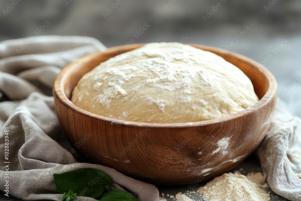 Freshly Kneaded Bread Dough Resting in Wooden Bowl with Flour and Linen Cloth Freshly Kneaded Bread Dough Resting in Wooden Bowl with Flour and Linen Cloth
