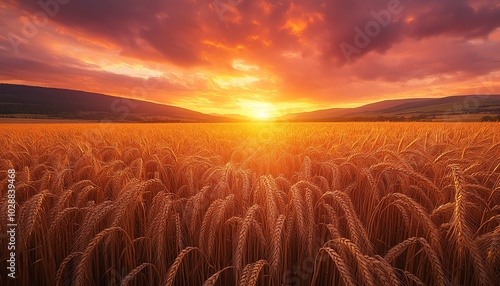 Tranquil sunset over a golden wheat field, featuring swaying wheat ears and a sky painted in warm orange and pink, serene rural landscape photo