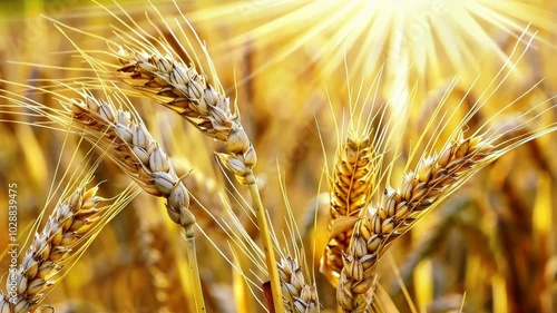 Close-up of wheat ears in the sun rays.