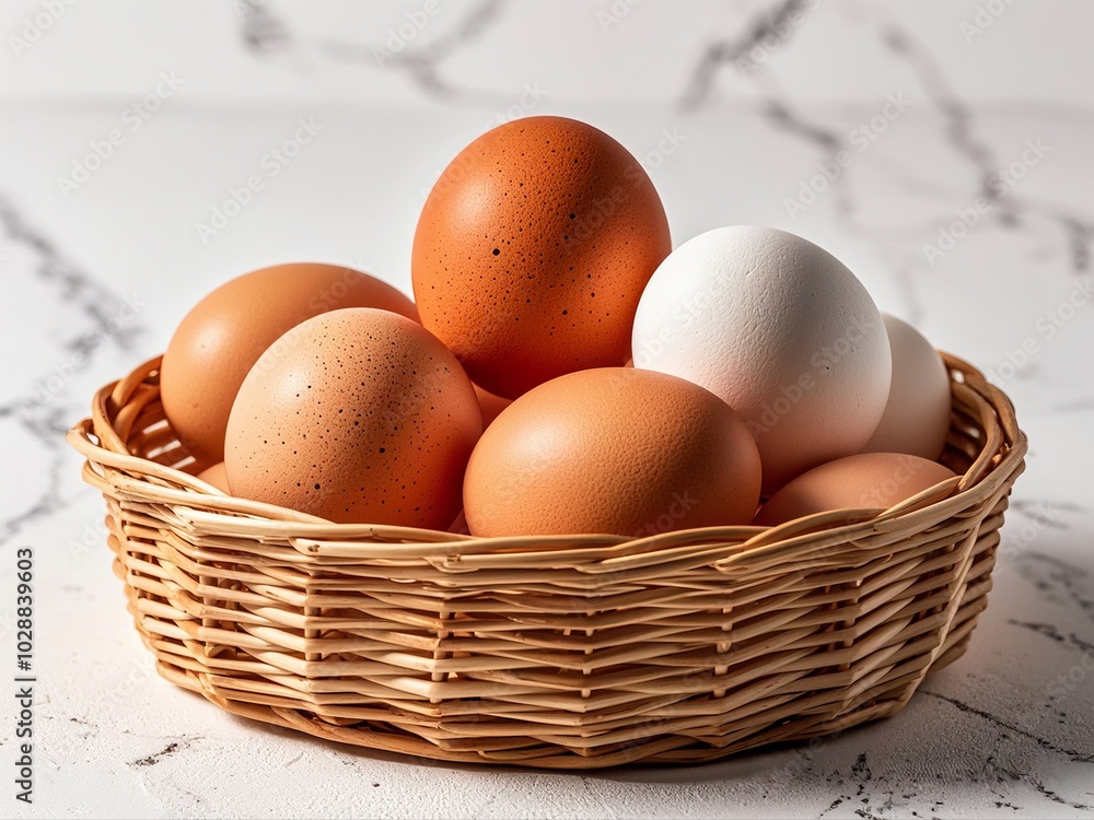 Brown eggs in the basket on white background. top view Brown eggs in the basket on white background. top view
