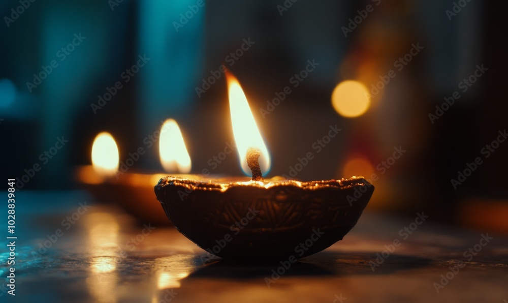 Diwali celebration - Indian festival of lights, traditional diya lamp with flame, on beautiful defocused bacjground Diwali celebration - Indian festival of lights, traditional diya lamp with flame, on beautiful defocused bacjground