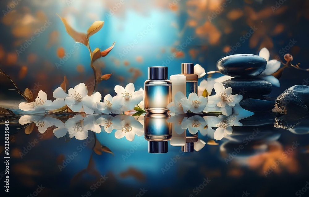Obraz premium Three glass bottles of perfume on a reflective surface with white flowers and black stones in a blurred background.
