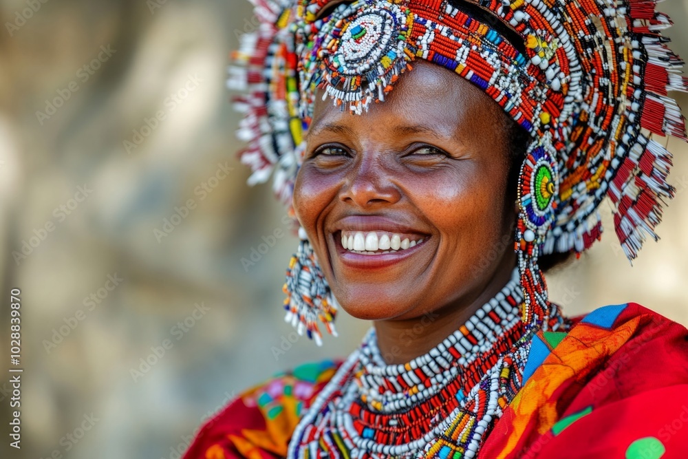 Fototapeta premium Colorful traditional attire and joyful smile of african woman