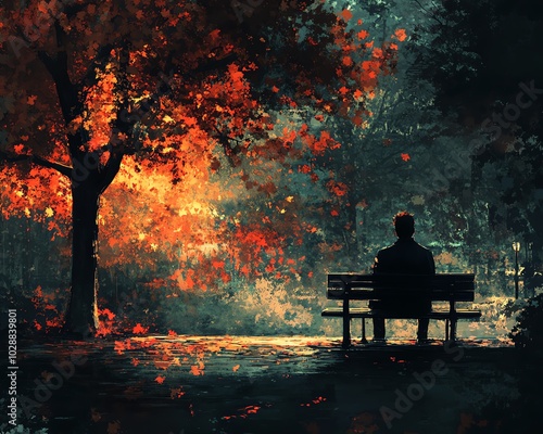 AI art of a lonely man sitting on a park bench, immersed in solitude and melancholic thoughts, capturing deep emotions