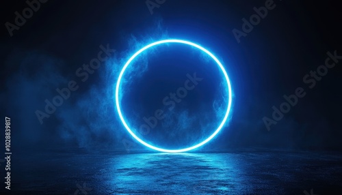 Neon blue geometric circle glowing against a dark background at night