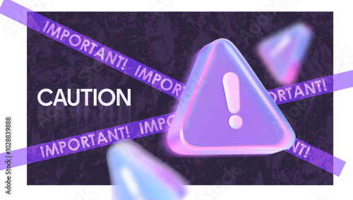 Warning sign of caution. With a ribbon and the inscription Important!. Poster for social media. Web banner in dark colors with grunge and neon effects.