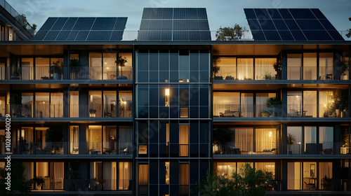 Modern building with solar panels and illuminated balconies at dusk.