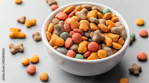 Bowl filled with colorful pet food kibble on a gray surface, featuring various shapes and sizes.