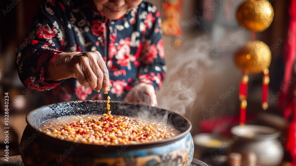 Laba Festival with an old woman pouring a bowl of hot laba porridge ...