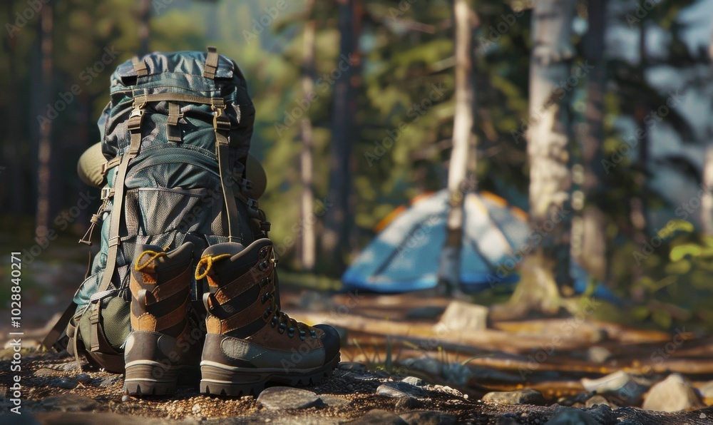 Backpack and hiking boots placed near a campsite, 4K hyperrealistic photo Backpack and hiking boots placed near a campsite, 4K hyperrealistic photo
