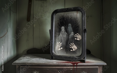 a photo of Cursed Mirror in a Dark Room A dusty, ancient mirror with a cracked frame, sitting on an old wooden dresser in a dimly lit room.   photo