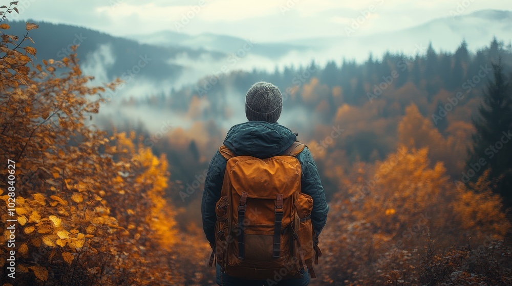 A hiker stands on a mountain trail, gazing at a misty autumn forest with vibrant foliage, capturing a moment of adventure and nature's beauty. A hiker stands on a mountain trail, gazing at a misty autumn forest with vibrant foliage, capturing a moment of adventure and nature's beauty.