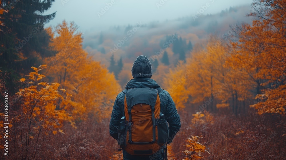 A hiker stands on a mountain trail, gazing at a misty autumn forest with vibrant foliage, capturing a moment of adventure and nature's beauty. A hiker stands on a mountain trail, gazing at a misty autumn forest with vibrant foliage, capturing a moment of adventure and nature's beauty.