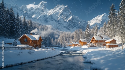 Wallpaper Mural A serene mountain village with wooden cabins by a river, surrounded by snow-covered trees and peaks, under a starry winter sky, capturing a peaceful winter landscape. Torontodigital.ca