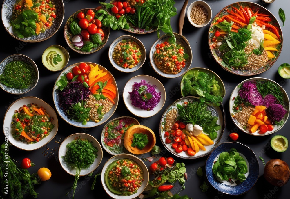 vibrant plant based meal textures beautifully arranged colorful plates eye catching culinary presentation, aesthetic, art, artistry, appeal, arrangement vibrant plant based meal textures beautifully arranged colorful plates eye catching culinary presentation, aesthetic, art, artistry, appeal, arrangement