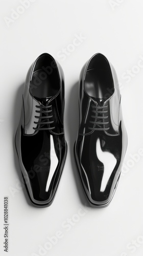 Pair of sleek black dress shoes, white background, 4K hyperrealistic photo