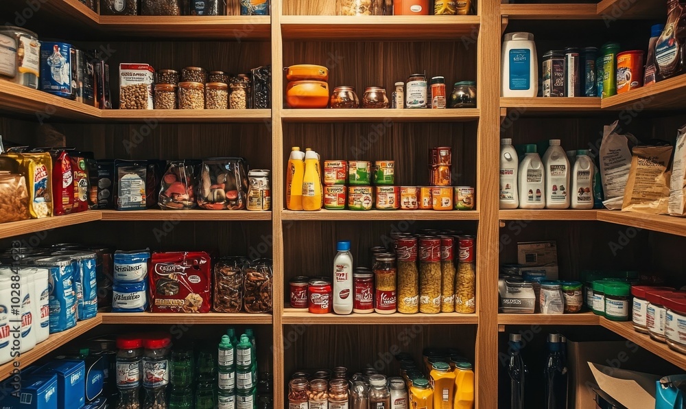Organized pantry shelves with various canned goods. Organized pantry shelves with various canned goods.