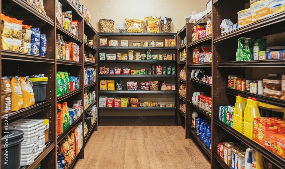 A well-stocked pantry with shelves of canned goods and snacks. A well-stocked pantry with shelves of canned goods and snacks.