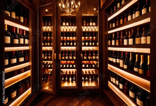 Wallpaper Mural detailed close perspective various wine bottles arranged neatly elegant wine cellar featuring wooden shelves warm lighting, shelf, vintage, glass, cork Torontodigital.ca