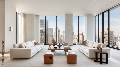contemporary living room featuring sleek modern furniture, large windows with stunning city views, and minimalist design that exudes elegance and comfort