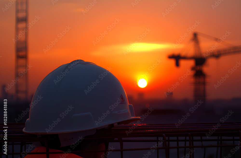 Obraz premium A construction hard hat rests on a rebar structure against a colorful sunset sky.