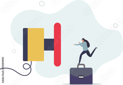 Push button call for emergency help, control or launch rocket, start new business or launch start up company concept.flat design with people.
