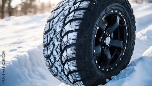 SUV winter tire detail on snowy highway ideal for family ski resort travel