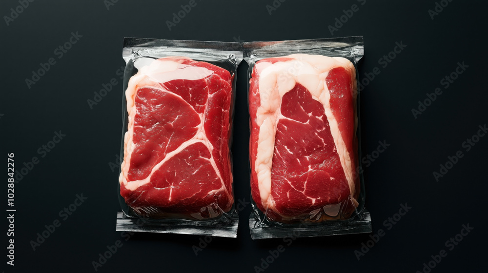 Two vacuum-sealed packages of raw beef steak placed side by side on a dark background, showcasing marbled texture and fresh appearance. Two vacuum-sealed packages of raw beef steak placed side by side on a dark background, showcasing marbled texture and fresh appearance.