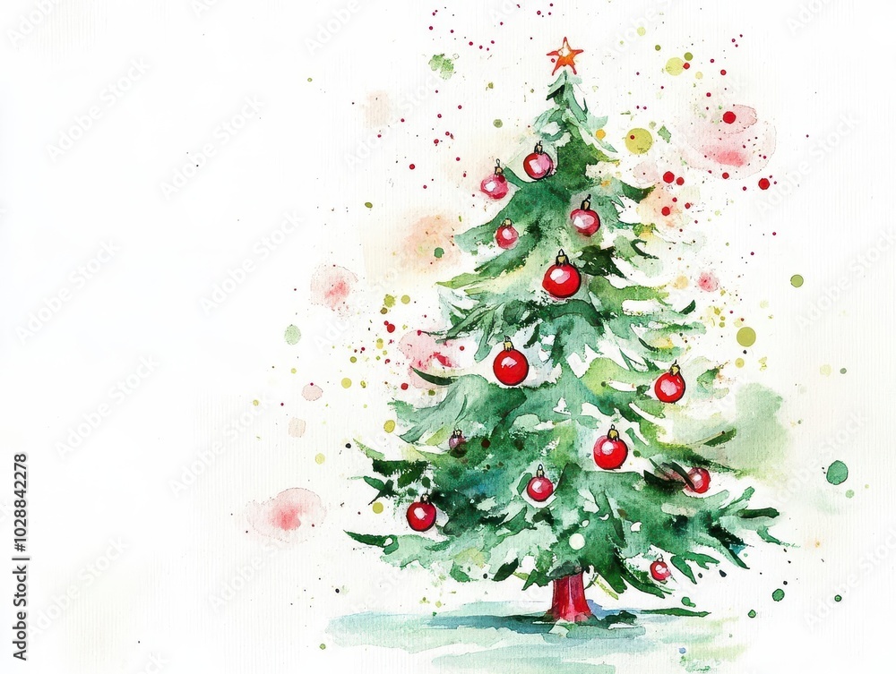 whimsical watercolor christmas tree soft, blended hues of green and red, loose brushstrokes, sparkling ornaments, white background whimsical watercolor christmas tree soft, blended hues of green and red, loose brushstrokes, sparkling ornaments, white background