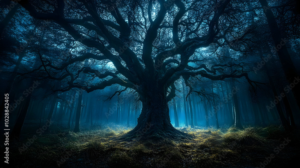 A mystical forest scene featuring a large, gnarled tree. A mystical forest scene featuring a large, gnarled tree.